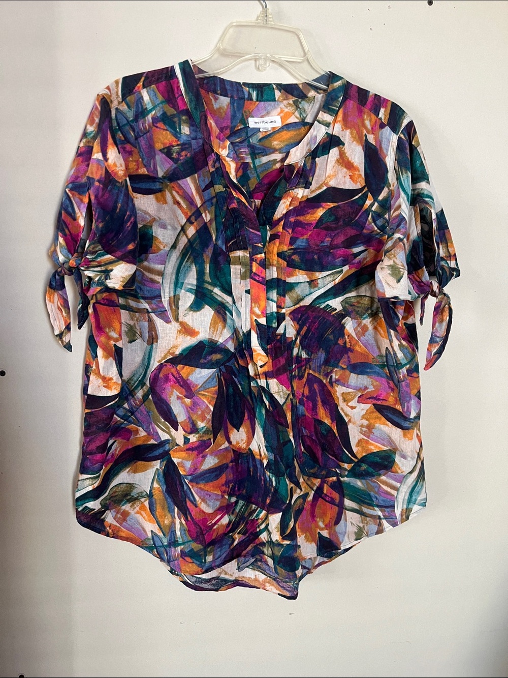 Westbound Multicolor Floral Tie-Sleeve Blouse - Purple, Teal, Orange